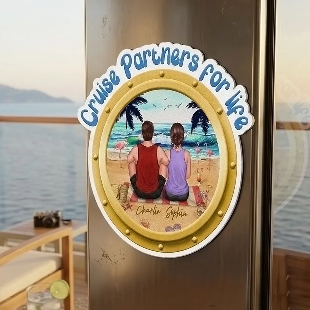 Personalized Cruise Partners for Life Acrylic Magnet, Back View Couple Sitting on a Beach Porthole, Unique Gift for Couples - Image 7