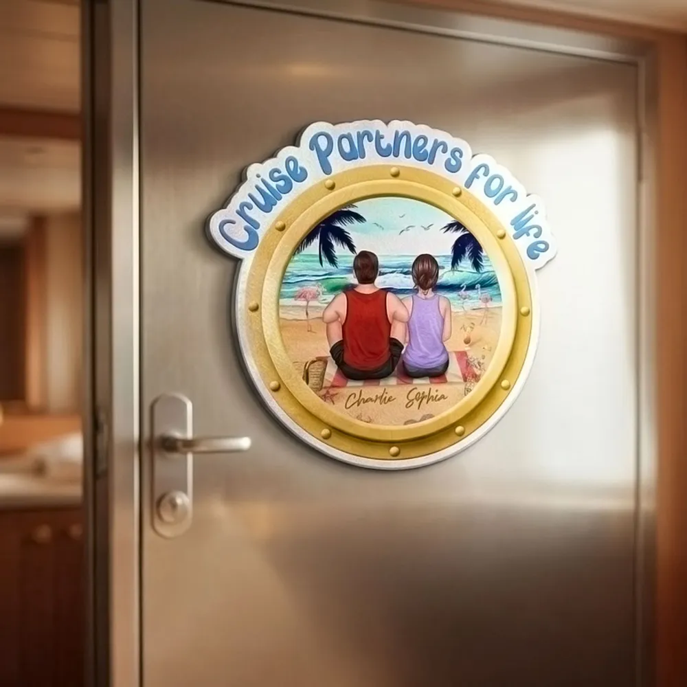 Personalized Cruise Partners for Life Acrylic Magnet, Back View Couple Sitting on a Beach Porthole, Unique Gift for Couples - Image 8