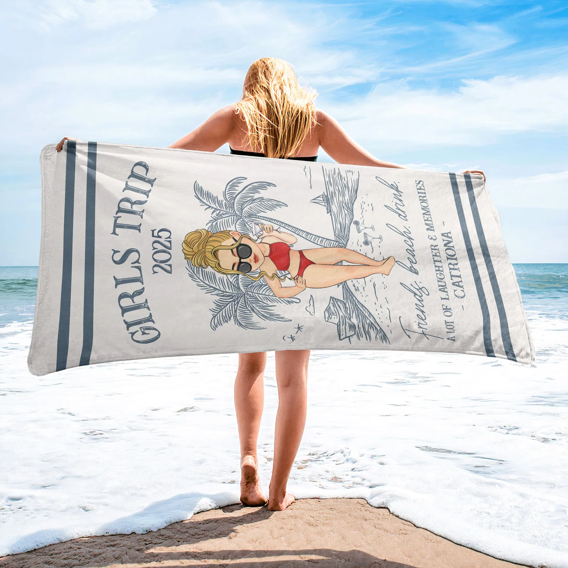 Beach Trip Beach Towel Personalized for Friends and Family, Colorful Vacation Cartoon Look, A Fun Unique Gift for Travel - Image 3