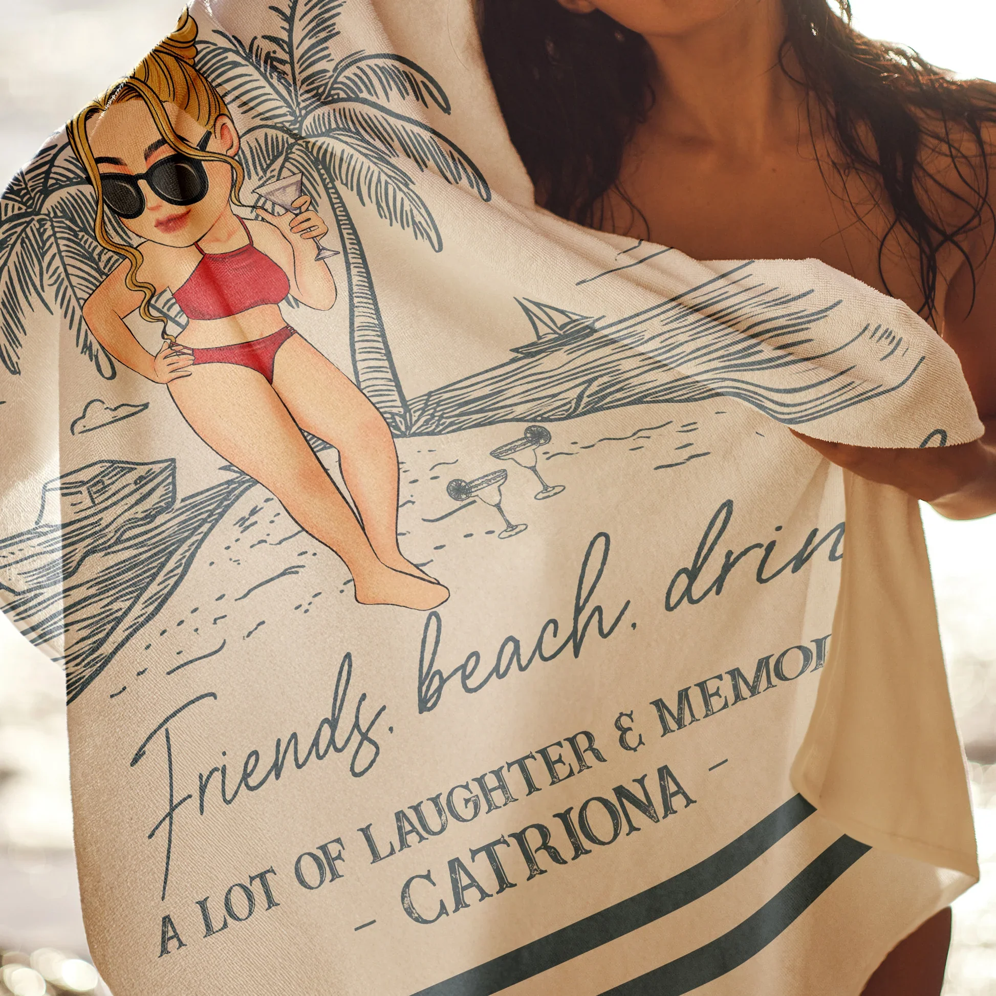 Beach Trip Beach Towel Personalized for Friends and Family, Colorful Vacation Cartoon Look, A Fun Unique Gift for Travel - Image 6