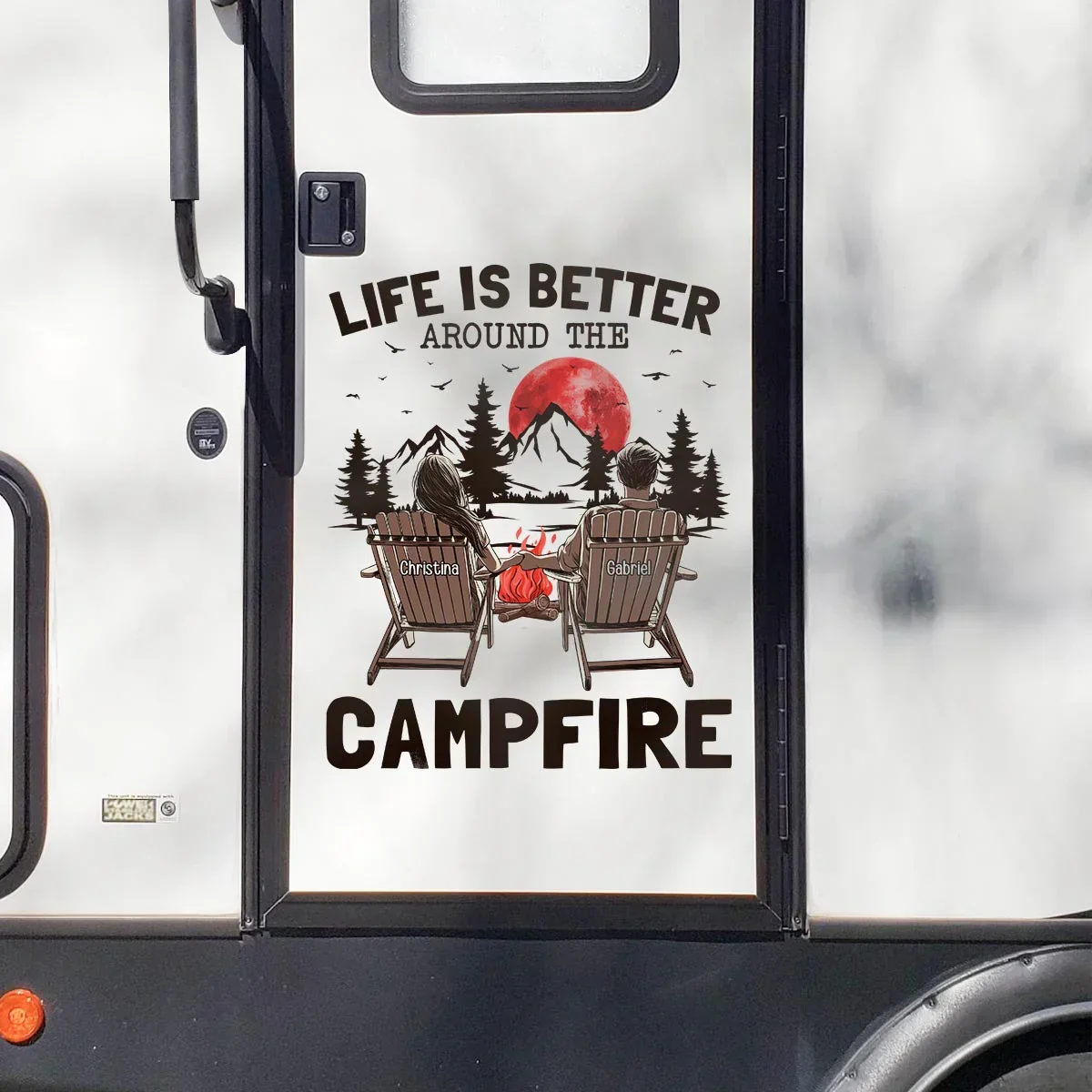 Personalized Campfire Sticker Decal for RV or Camper, Couple Holding Hands Under Red Moon, Unique Gift - Image 3