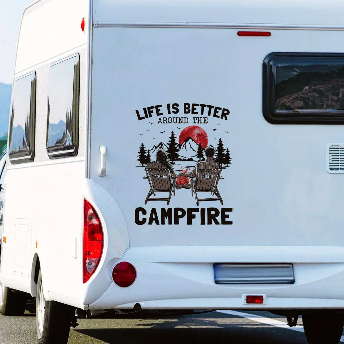 Personalized Campfire Sticker Decal for RV or Camper, Couple Holding Hands Under Red Moon, Unique Gift - Image 4