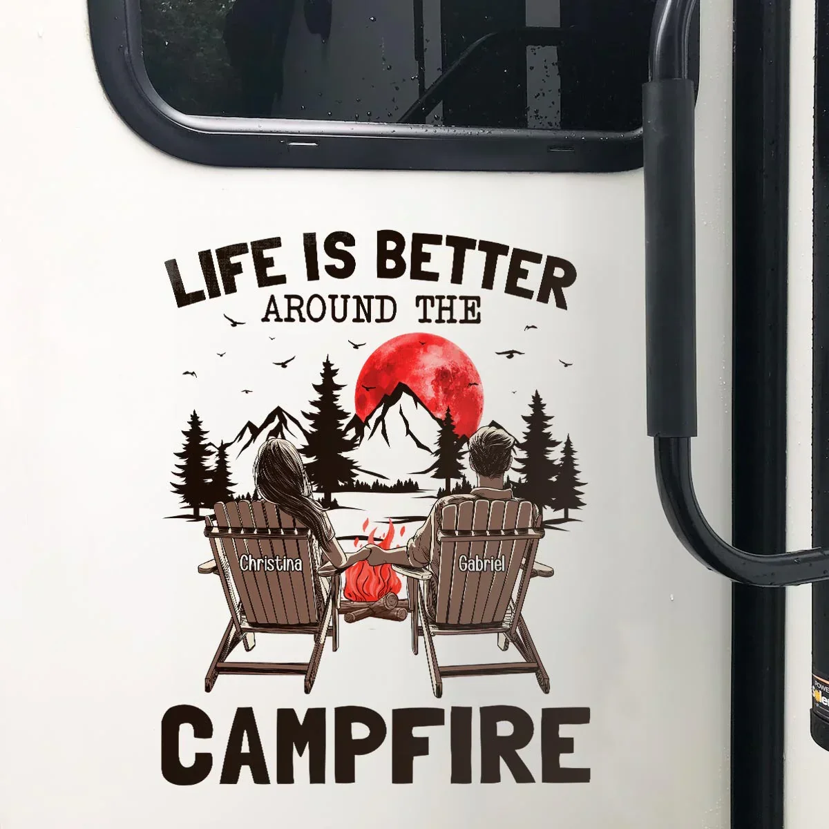 Personalized Campfire Sticker Decal for RV or Camper, Couple Holding Hands Under Red Moon, Unique Gift - Image 5