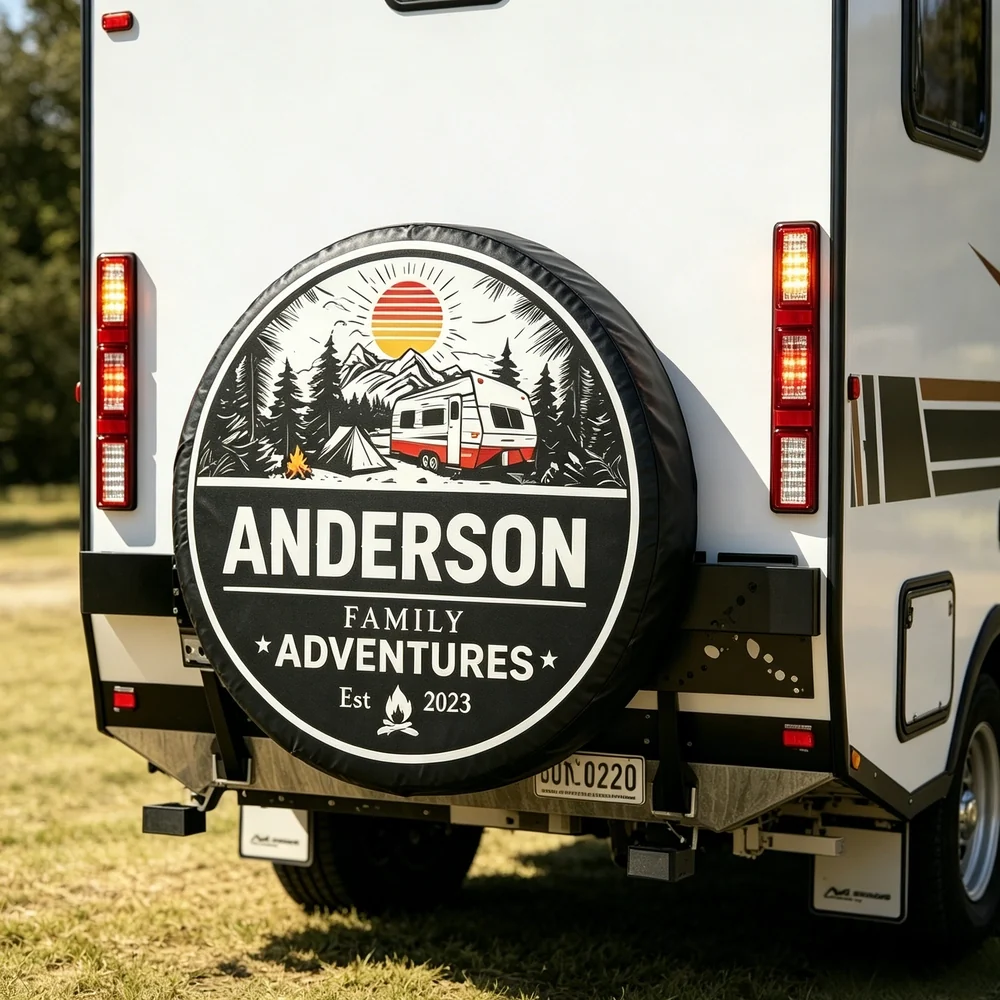 Personalized PVC Spare Tire Cover for RV Camper Trips, Family Adventures Mountain Badge Design, Unique Gift for Travel Lovers - Image 3