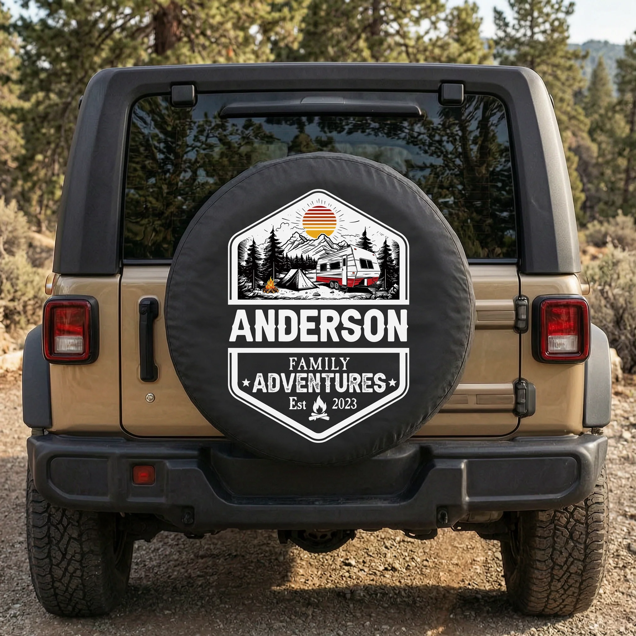 Personalized PVC Spare Tire Cover for RV Camper Trips, Family Adventures Mountain Badge Design, Unique Gift for Travel Lovers - Image 6