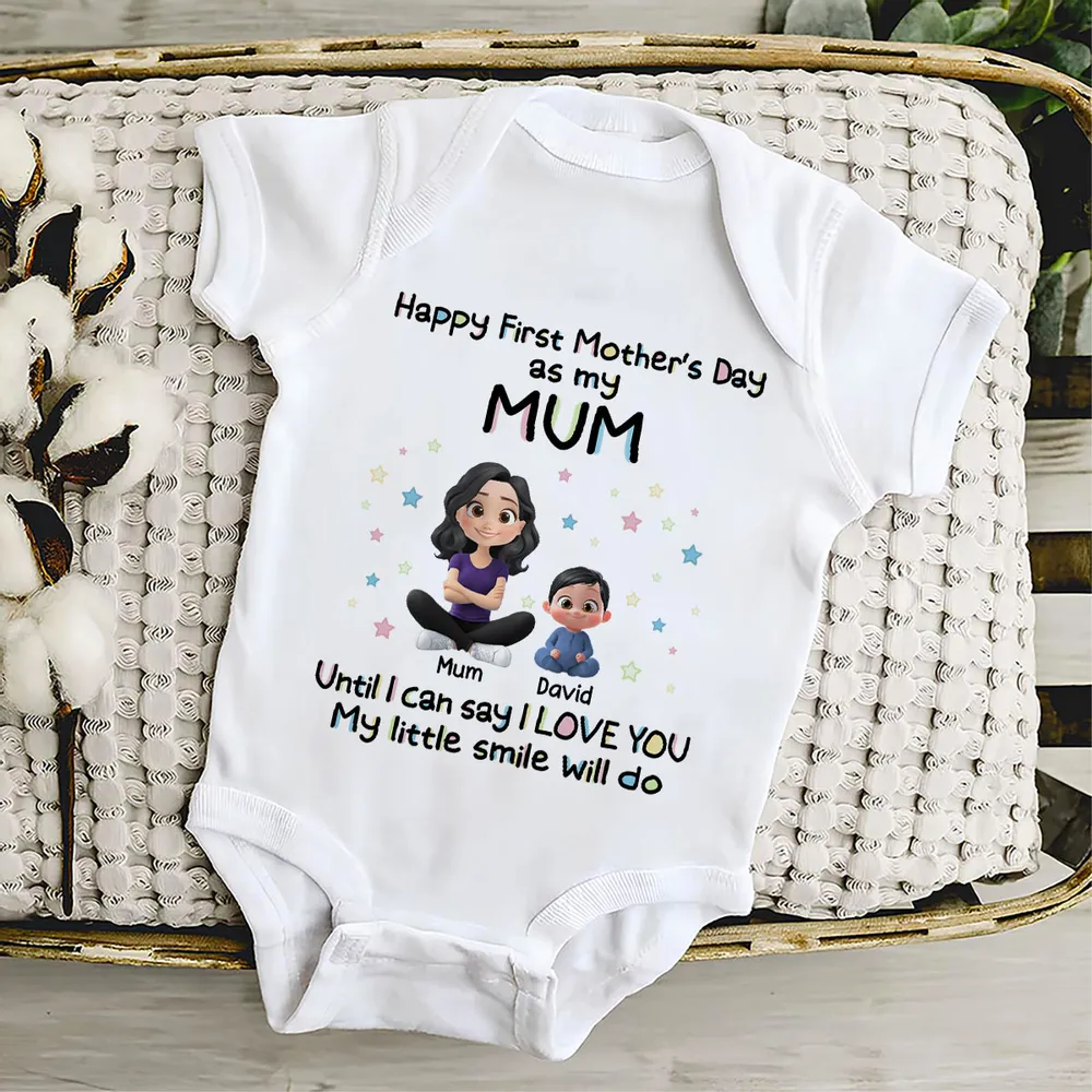 Personalized Short Sleeve Baby Onesie Happy First Mother's Day as My Mom Cute Cartoon Mom & Baby Gift - Image 3