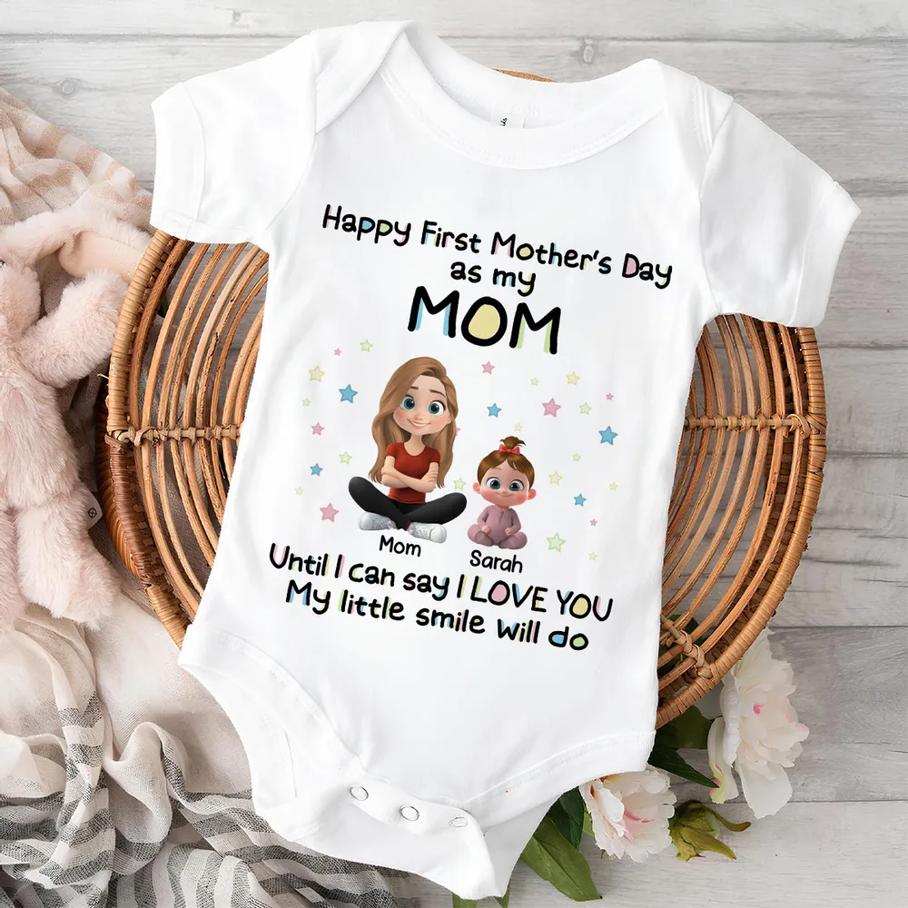 Personalized Short Sleeve Baby Onesie Happy First Mother's Day as My Mom Cute Cartoon Mom & Baby Gift - Image 5