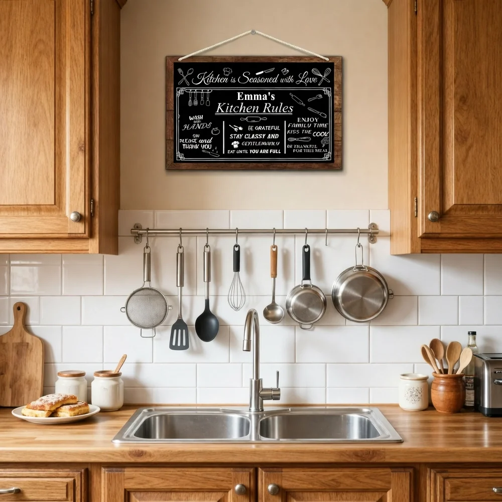 Custom Name Kitchen Rules Wood Sign, Personalized Vintage Green Wall Art, Unique Gift for Home Cooks - Image 3