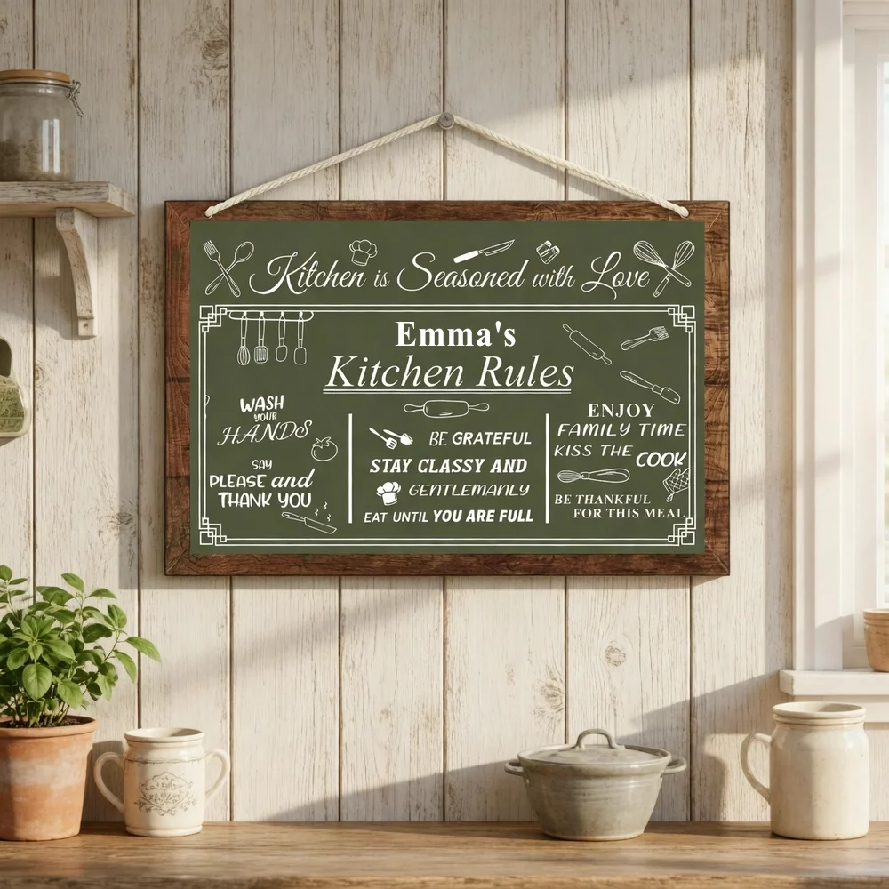 Custom Name Kitchen Rules Wood Sign, Personalized Vintage Green Wall Art, Unique Gift for Home Cooks - Image 4