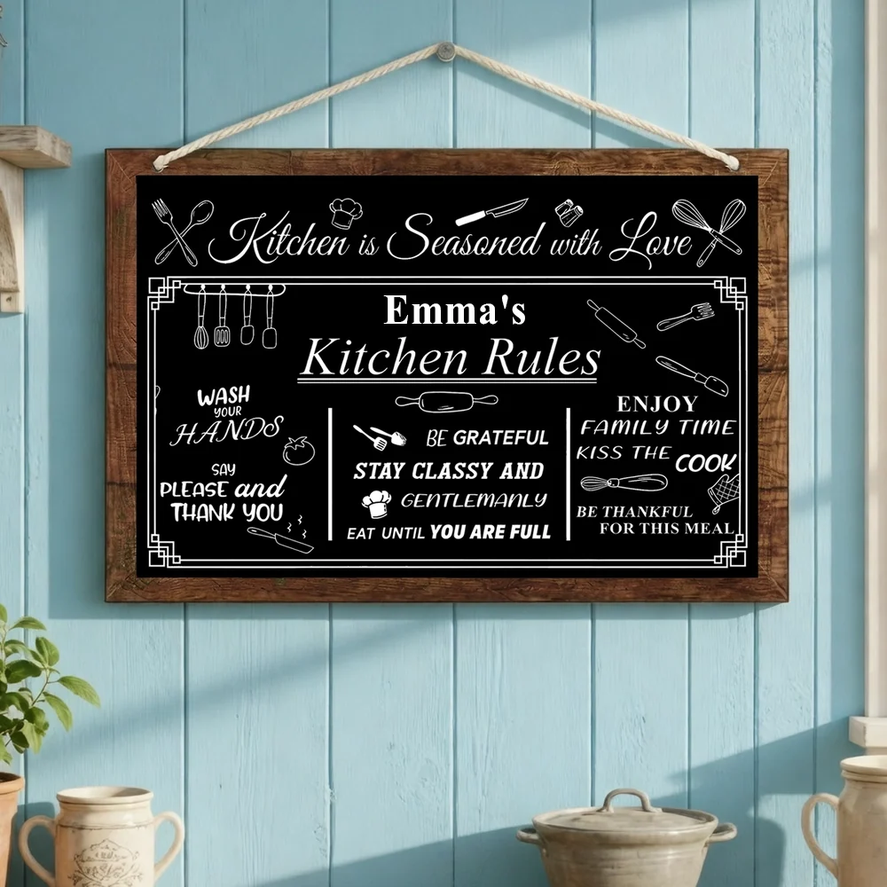 Custom Name Kitchen Rules Wood Sign, Personalized Vintage Green Wall Art, Unique Gift for Home Cooks - Image 5
