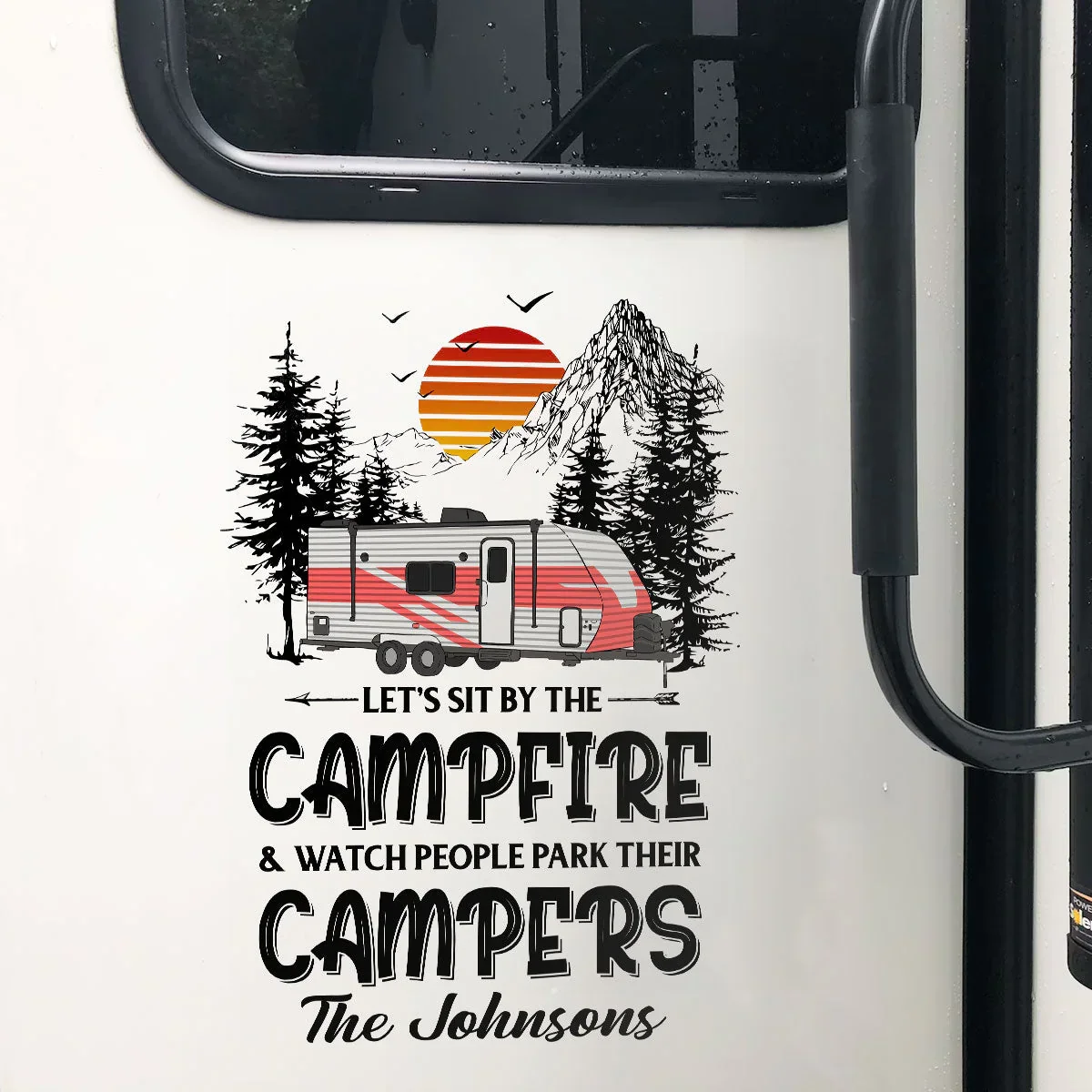 Personalized Sticker Decal RV Campfire Quote with Sunset Mountains, Unique Camping Gift for Camper Families - Image 5