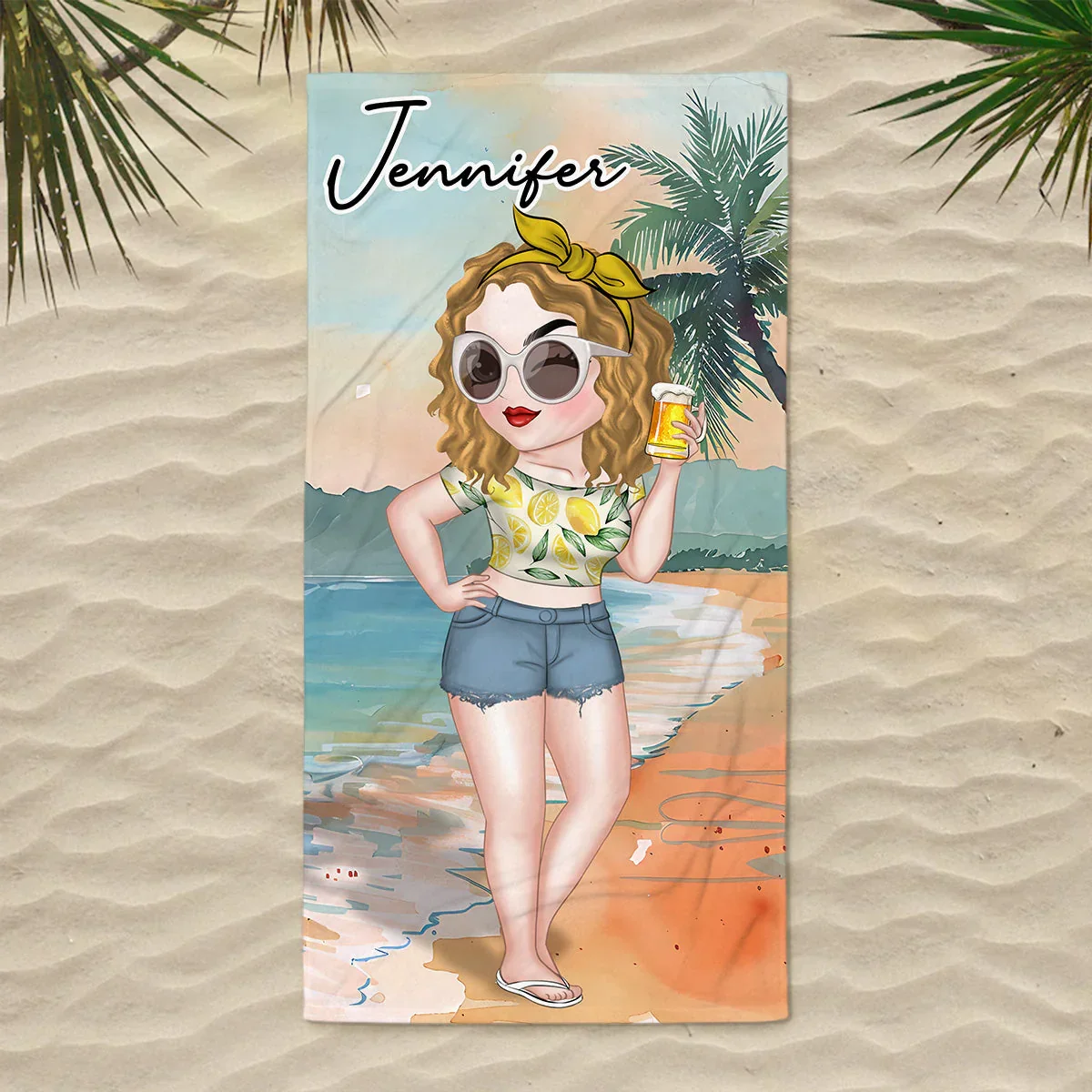 Personalized Beach Towel with Stylish Summer Lady Cartoon, Colorful Poolside Beach Trip Decor, Unique Gift for Her - Image 3