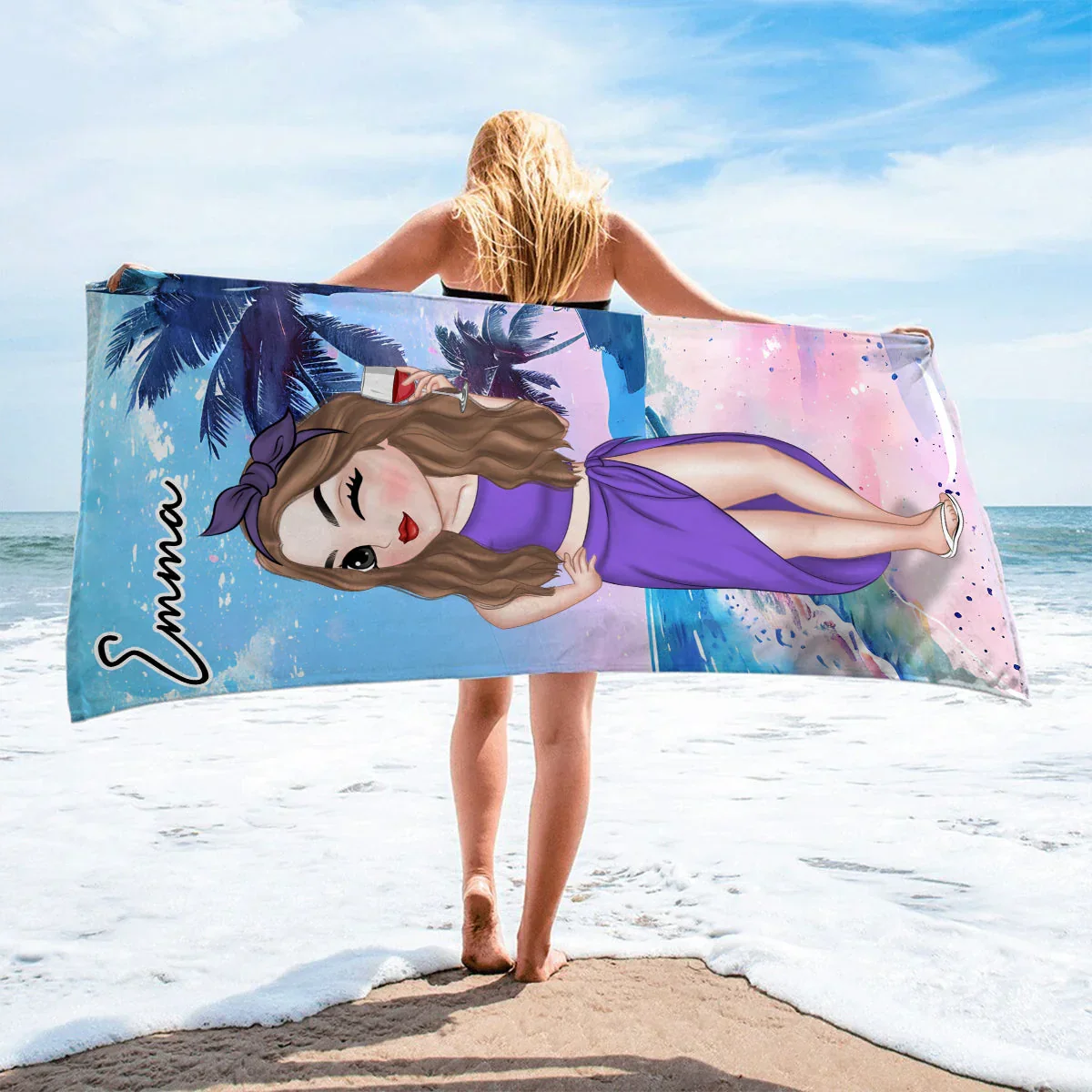 Personalized Beach Towel with Stylish Summer Lady Cartoon, Colorful Poolside Beach Trip Decor, Unique Gift for Her - Image 6