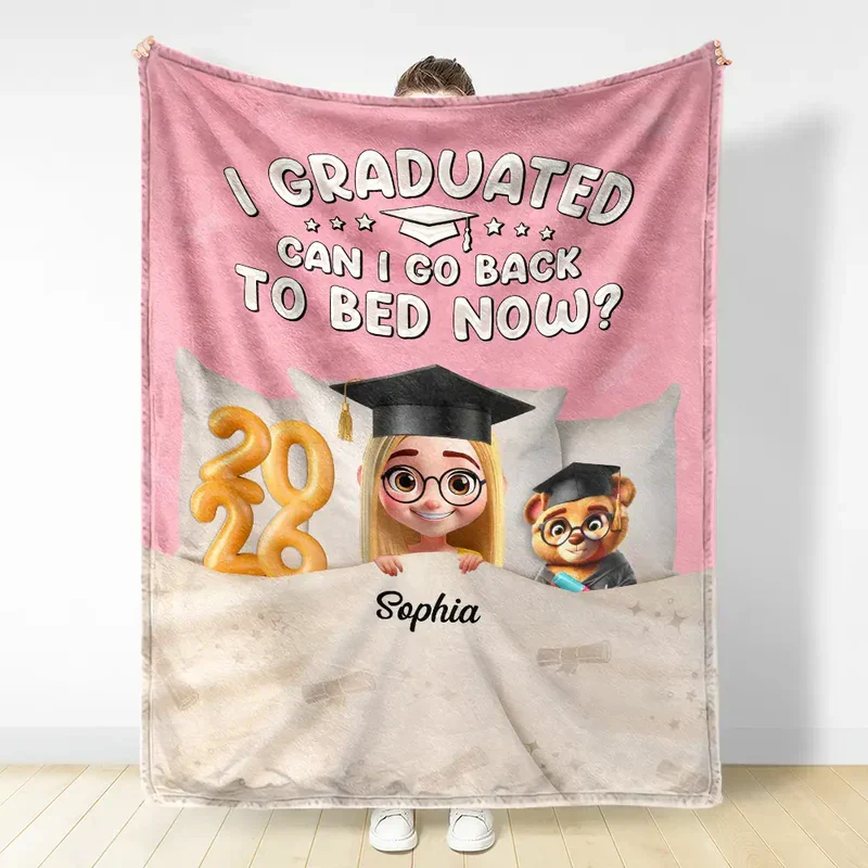 Personalized Graduation Fleece Blanket, I Graduated Can I Go Back To Bed Now, Cute Cartoon Grad Gift - Image 3