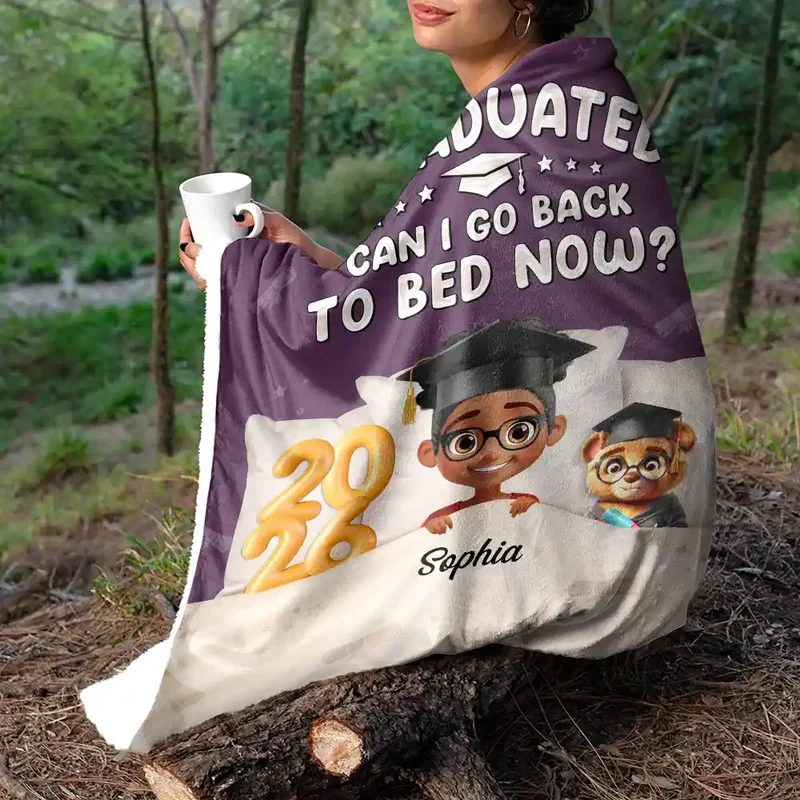 Personalized Graduation Fleece Blanket, I Graduated Can I Go Back To Bed Now, Cute Cartoon Grad Gift - Image 5