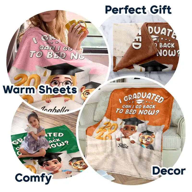 Personalized Graduation Fleece Blanket, I Graduated Can I Go Back To Bed Now, Cute Cartoon Grad Gift - Image 7