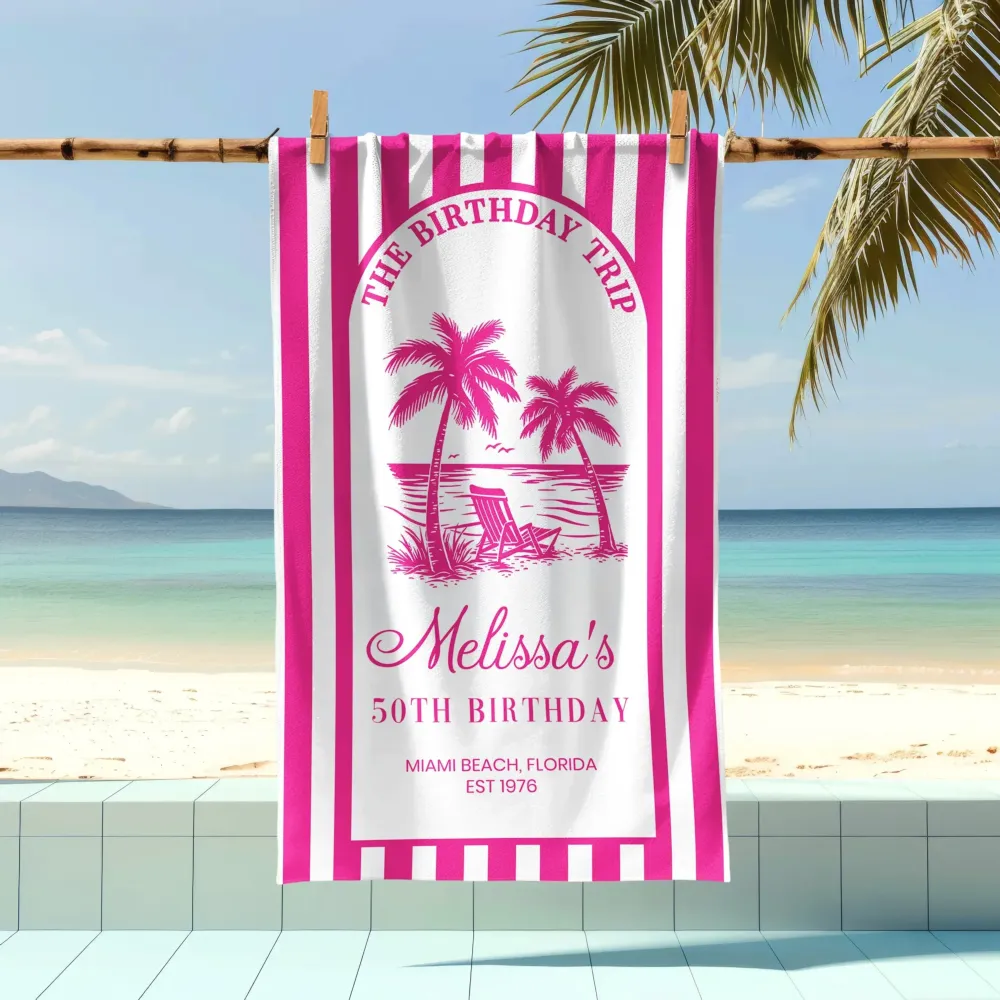 Custom Beach Towel with Pink Tropical Palms, Vacation Vibe for Beach Trip or Cruise, Thoughtful Birthday Gift - Image 4