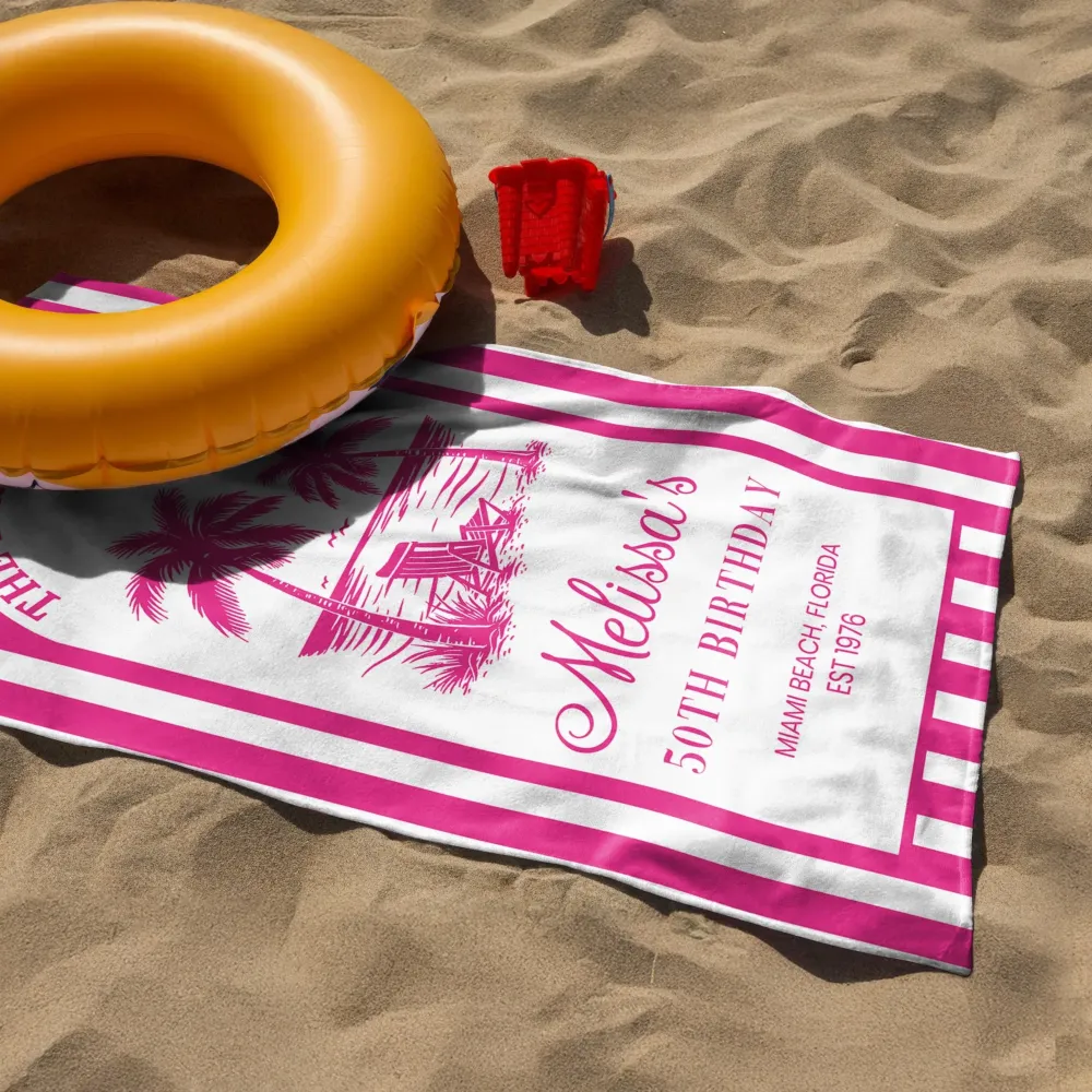 Custom Beach Towel with Pink Tropical Palms, Vacation Vibe for Beach Trip or Cruise, Thoughtful Birthday Gift - Image 5