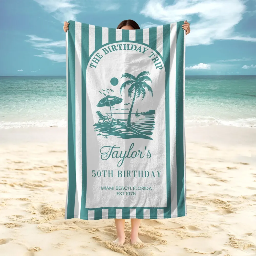 Custom Beach Towel with Pink Tropical Palms, Vacation Vibe for Beach Trip or Cruise, Thoughtful Birthday Gift - Image 6