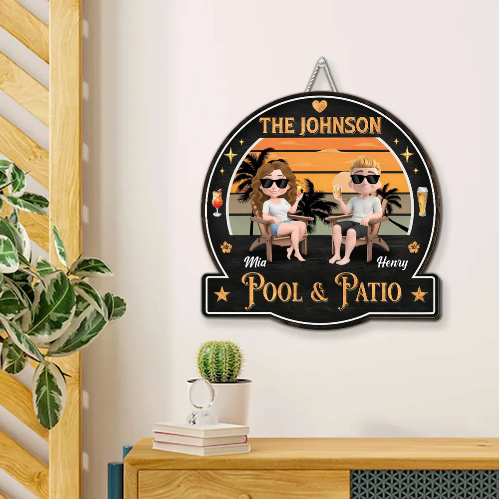 Personalized Wooden Sign with Relaxing Couple at Sunset Pool & Patio Scene, Unique Custom Gift for Couples - Image 5