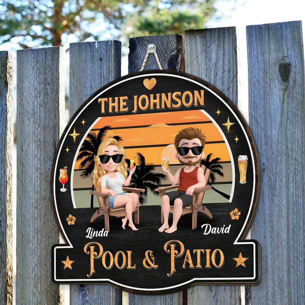 Personalized Wooden Sign with Relaxing Couple at Sunset Pool & Patio Scene, Unique Custom Gift for Couples - Image 6