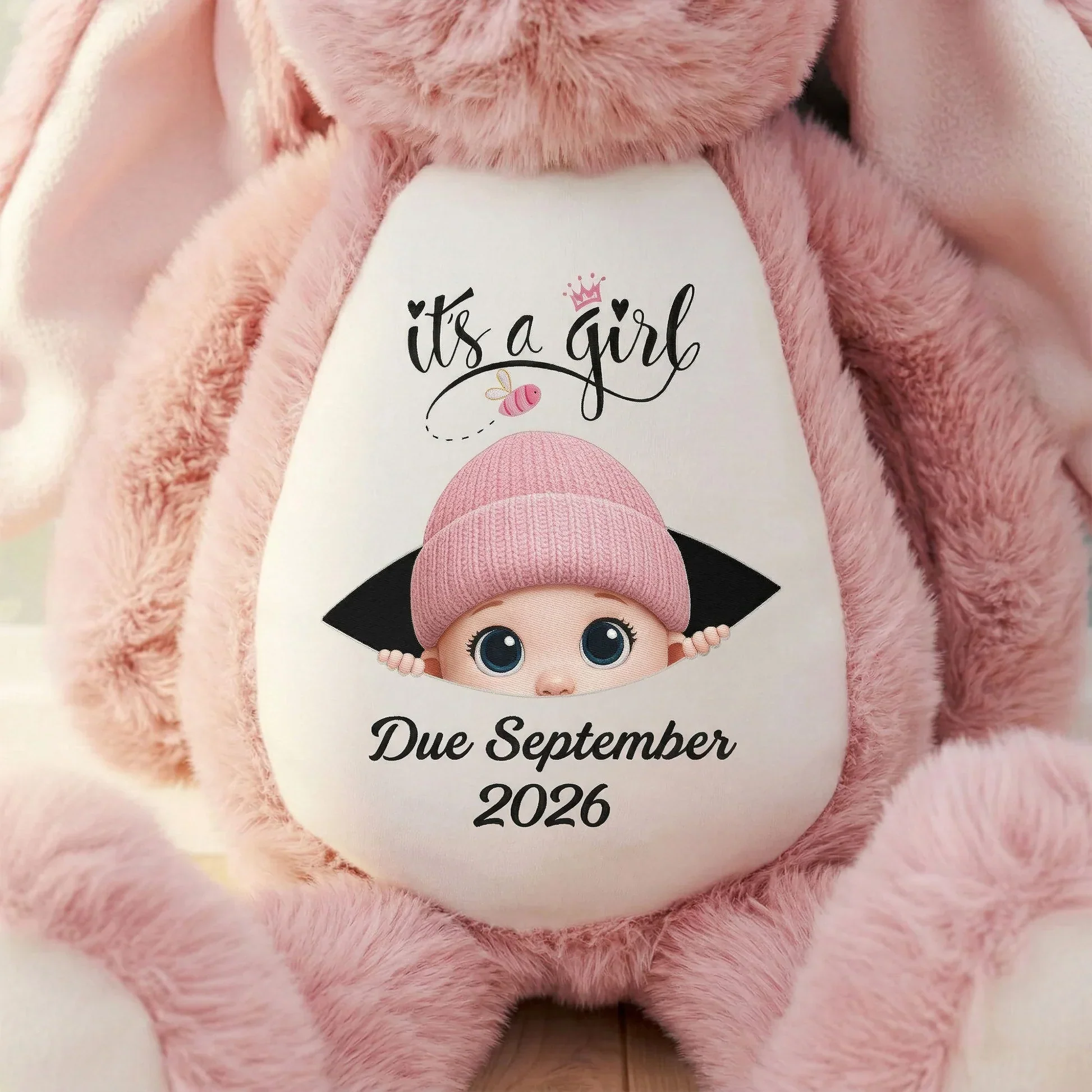 Personalized Plush Bunny Baby Announcement Gift, Pink It's a Girl Design, Unique Surprise Gift for Grandma & Grandpa - Image 3