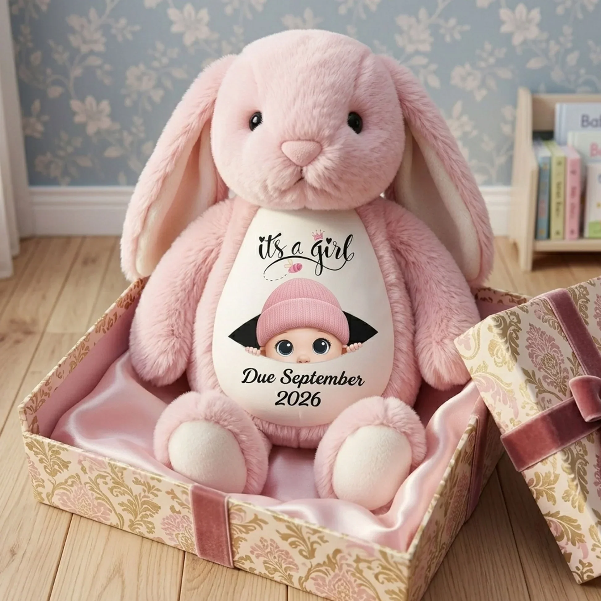 Personalized Plush Bunny Baby Announcement Gift, Pink It's a Girl Design, Unique Surprise Gift for Grandma & Grandpa - Image 5