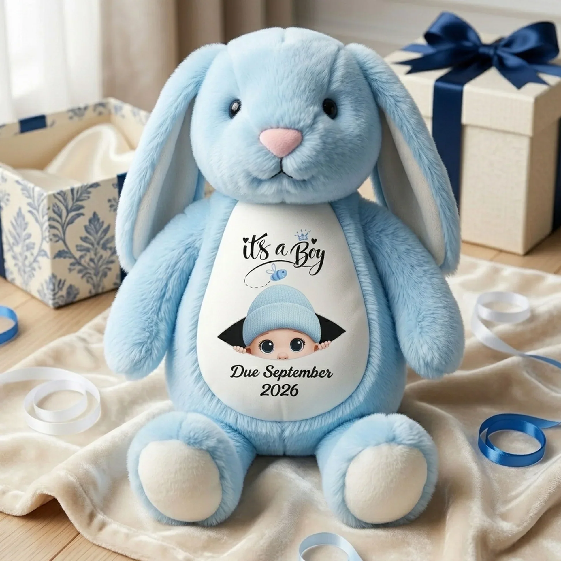 Personalized Plush Bunny Baby Announcement Gift, Pink It's a Girl Design, Unique Surprise Gift for Grandma & Grandpa - Image 6