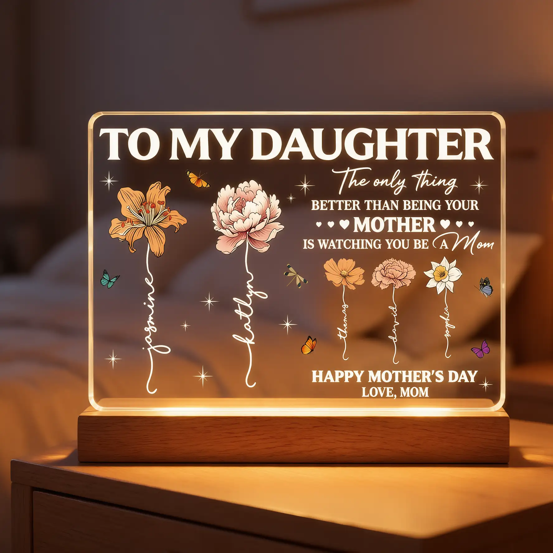 Personalized Block LED Light Plaque With Birth Month Flowers, To My Daughter Unique Gift For Mother's Day