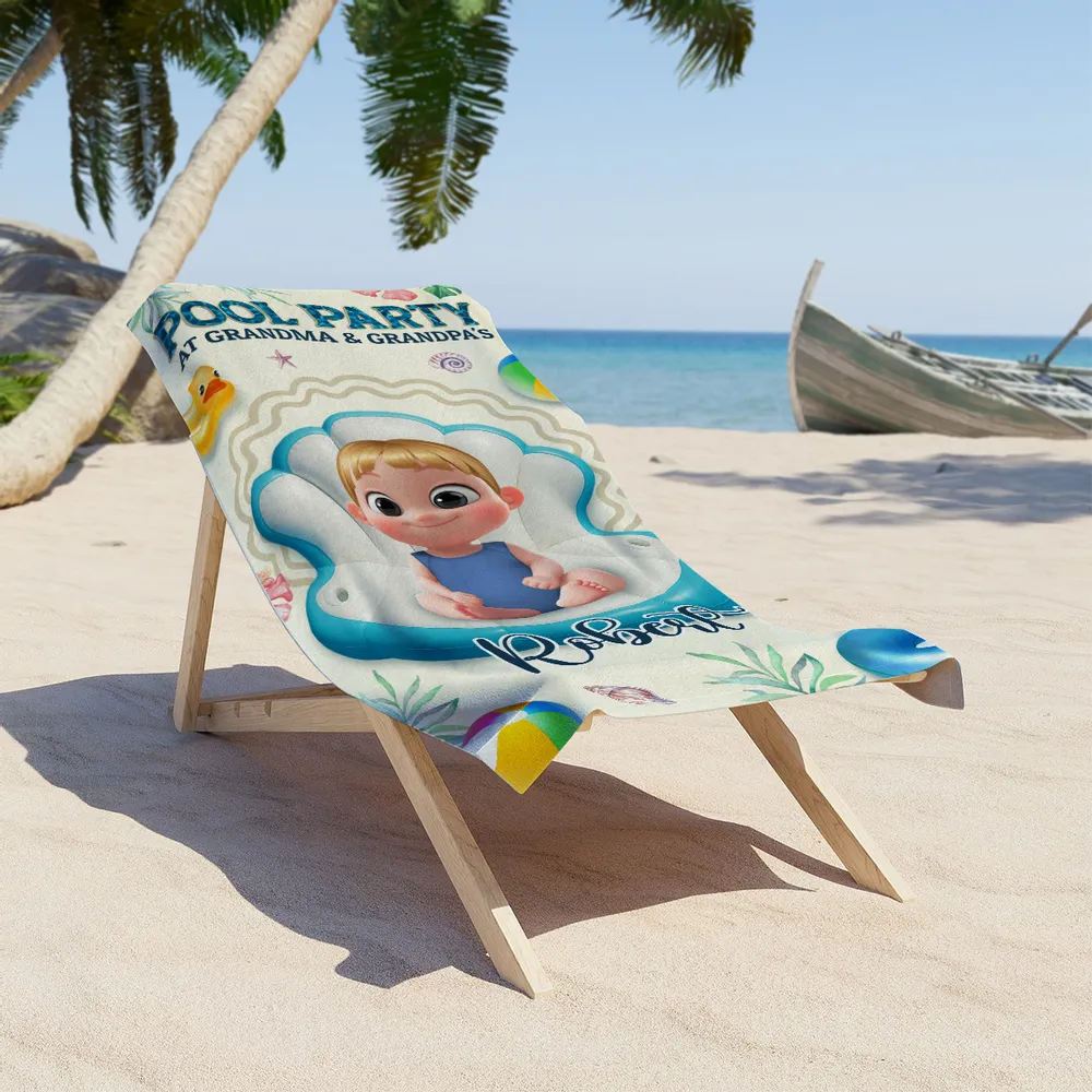 Personalized Pool Party at Grandma & Grandpa's Beach Towel, Cute Cartoon Kid Float Design, Unique Gift for Grandparents - Image 3