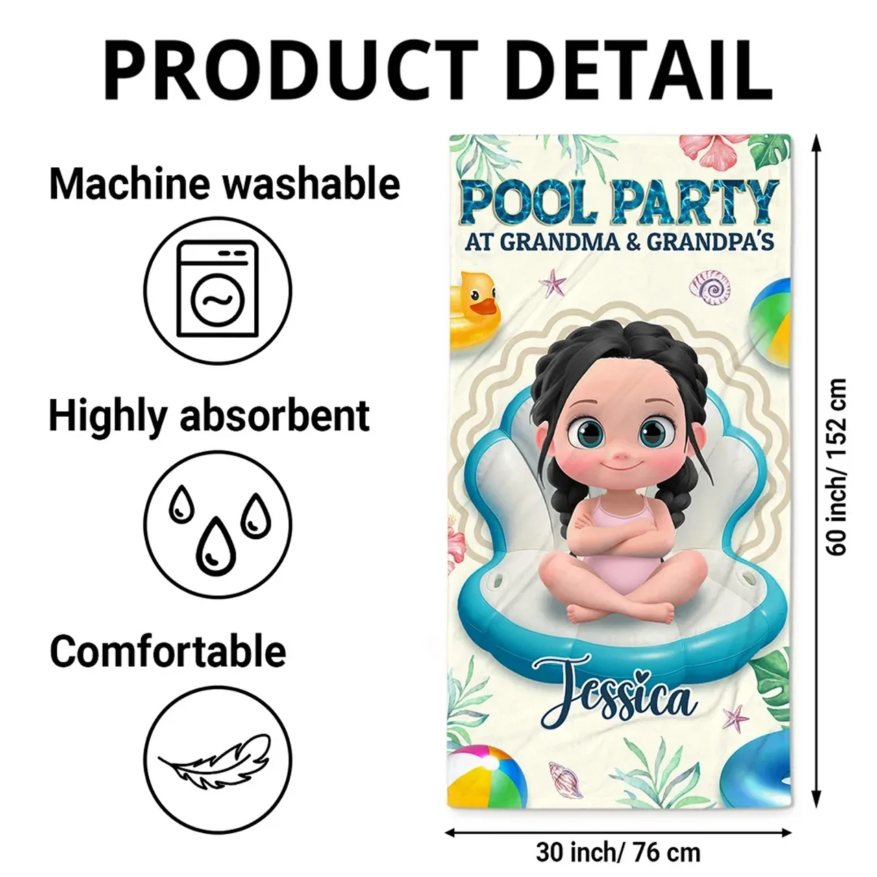 Personalized Pool Party at Grandma & Grandpa's Beach Towel, Cute Cartoon Kid Float Design, Unique Gift for Grandparents - Image 4