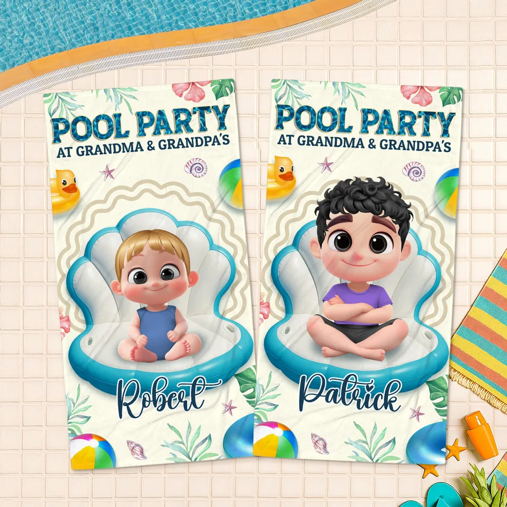Personalized Pool Party at Grandma & Grandpa's Beach Towel, Cute Cartoon Kid Float Design, Unique Gift for Grandparents - Image 5