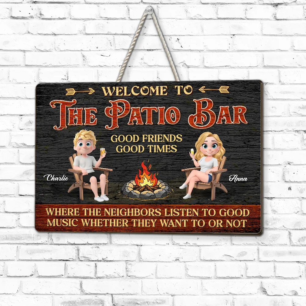 Personalized Wooden Sign, Patio Bar Cartoon Couple by Fire Pit, Unique Gift for Friends - Image 6
