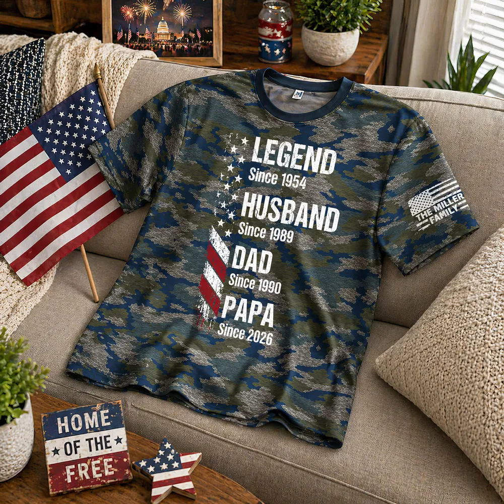 Printed Classic Tee, Camo American Flag Legend Dad Design, Unique Father's Day Gift for Dad - Image 5