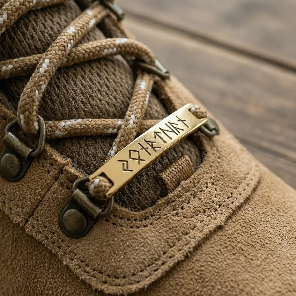 Personalized Stainless Steel Shoe Tag with Rune Style, Rustic Brown Hiking Shoe Accent, Unique Gift for Him