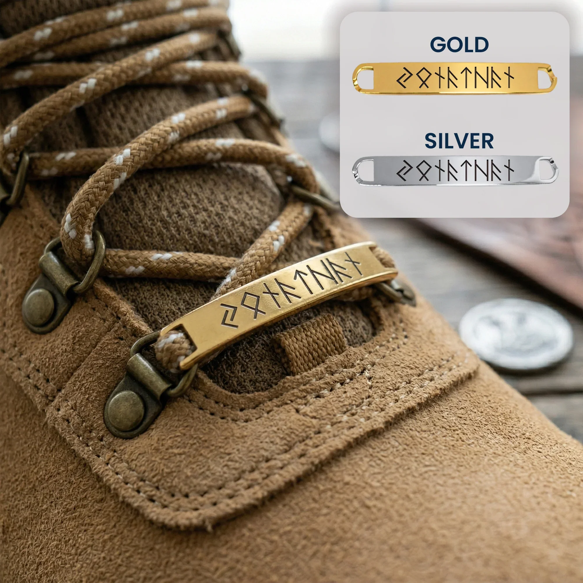 Personalized Stainless Steel Shoe Tag with Rune Style, Rustic Brown Hiking Shoe Accent, Unique Gift for Him - Image 5