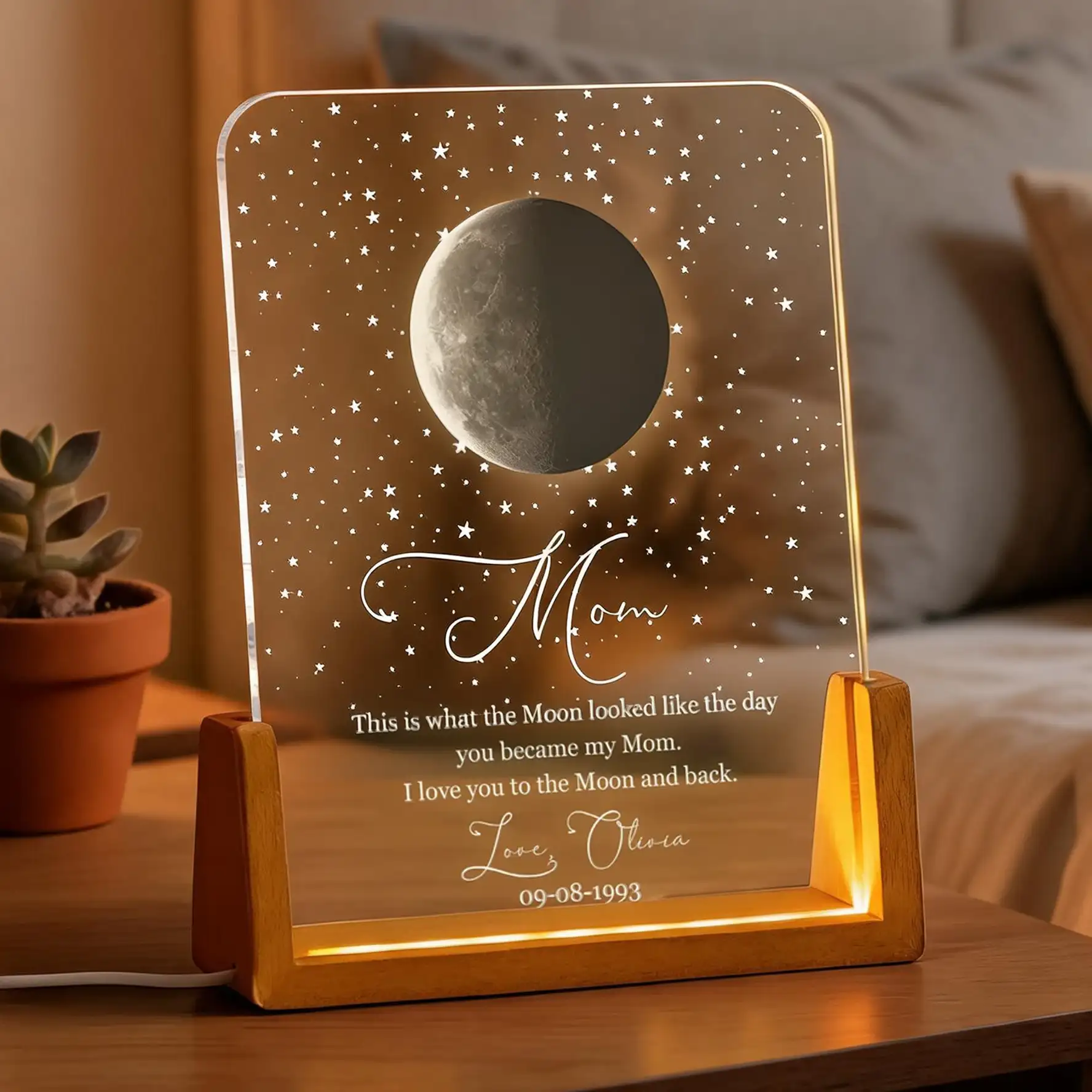 Personalized Moon Phase LED Light Frame For Mom, Unique Creative Gift With Warm Starry Glow