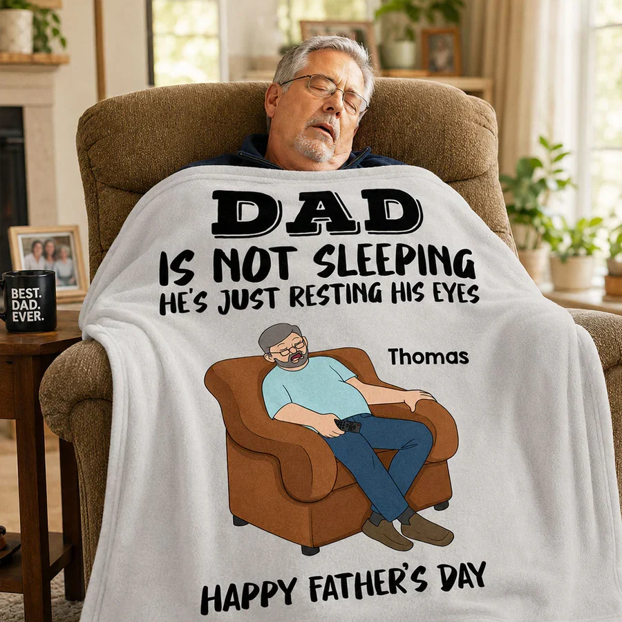 Personalized Fleece Blanket, Resting His Eyes Armchair Dad Cartoon, Unique Father's Day Gift for Dad - Image 3
