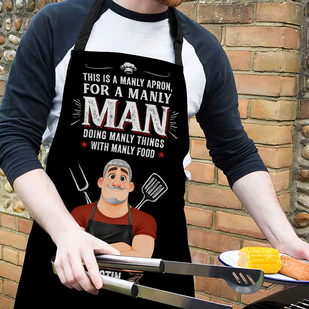 Custom Aprons For A Manly Man, Cartoon Cook Humor, Creative Gift For Husband Or Grill Fan - Image 3