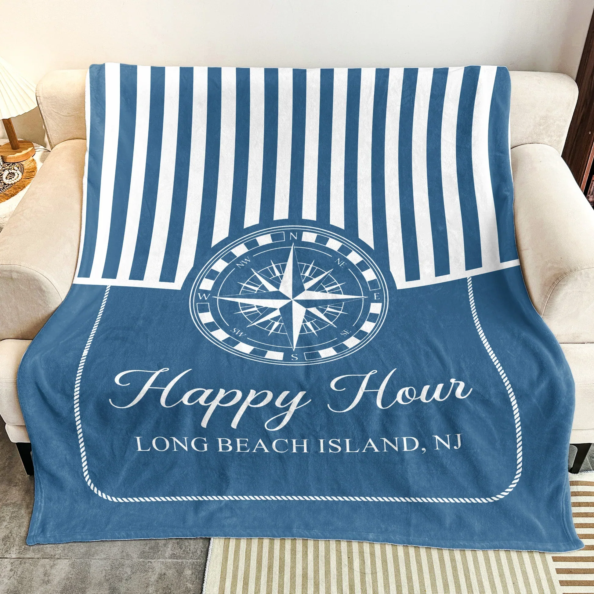 Personalized Nautical Fleece Blanket, Navy Compass Stripes, Unique Gift for Boaters & Coastal Home Decor - Image 4