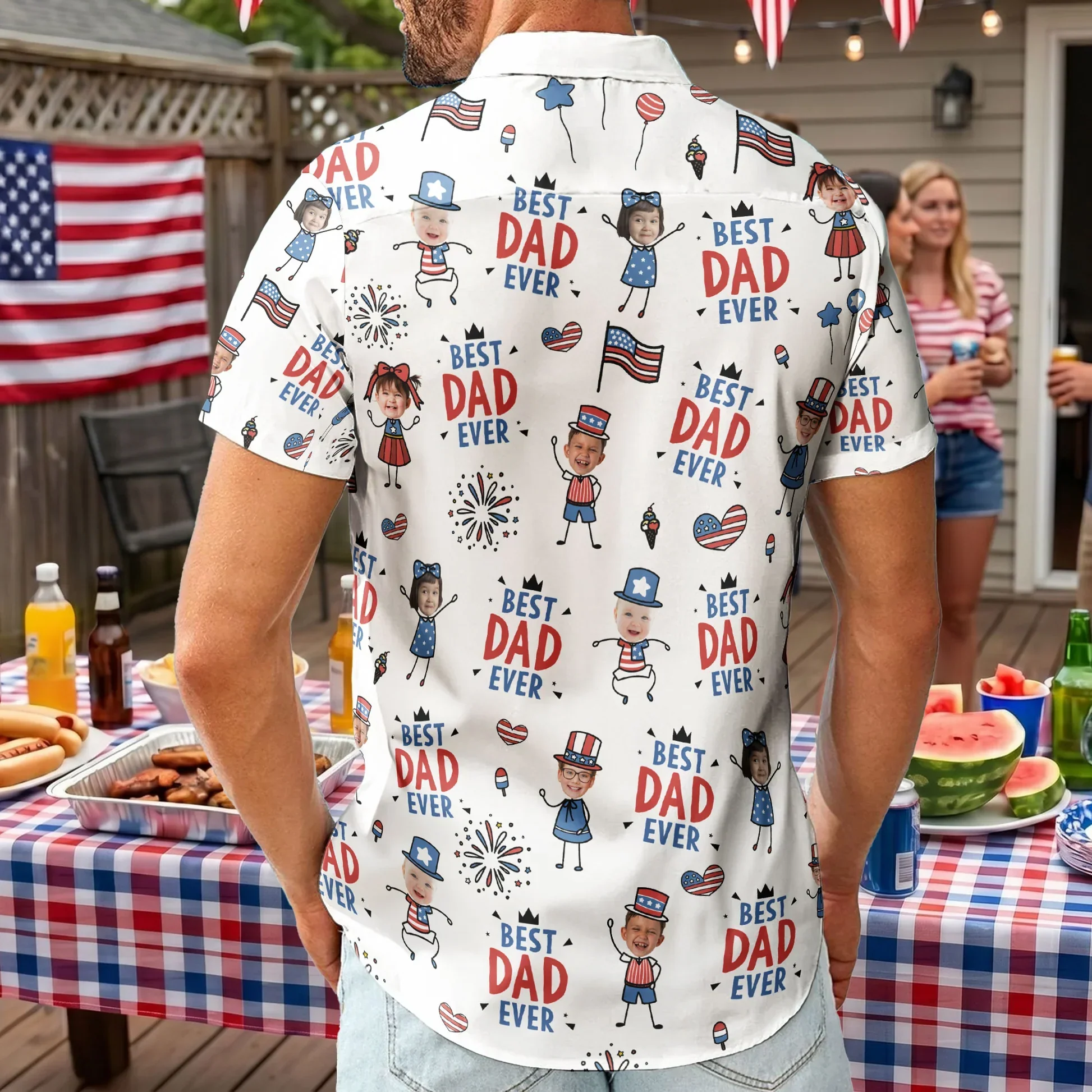 Custom Dad Hawaiian Shirt with Kids Cartoon Pattern, Patriotic Vacation Style, One-of-a-Kind Creative Gift for Dad - Image 3