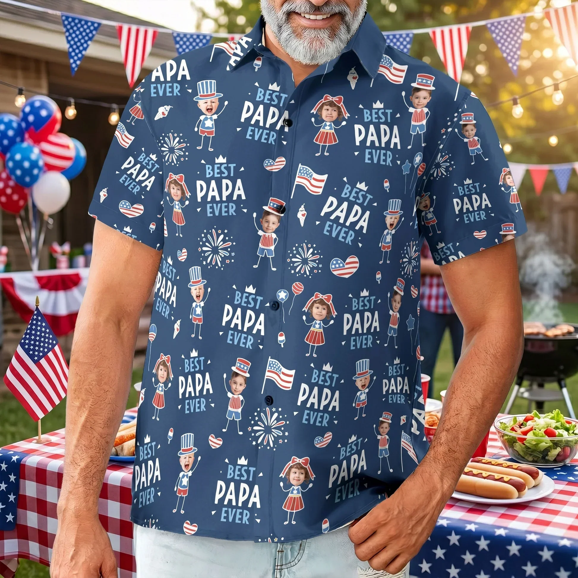 Custom Dad Hawaiian Shirt with Kids Cartoon Pattern, Patriotic Vacation Style, One-of-a-Kind Creative Gift for Dad - Image 4