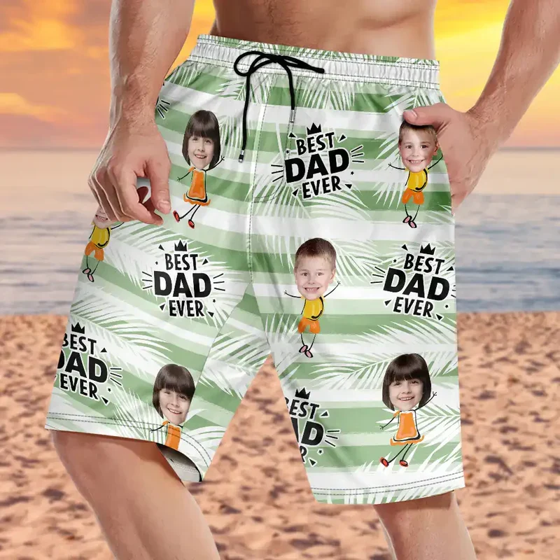 Best Dad Grandpa Ever Personalized Men's Beach Shorts, Custom Photo Gift for Dad with Playful Kid Cartoon Print - Image 3