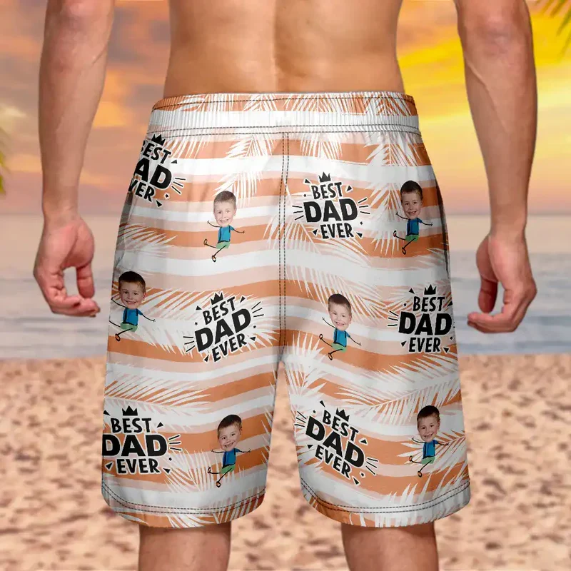 Best Dad Grandpa Ever Personalized Men's Beach Shorts, Custom Photo Gift for Dad with Playful Kid Cartoon Print - Image 4