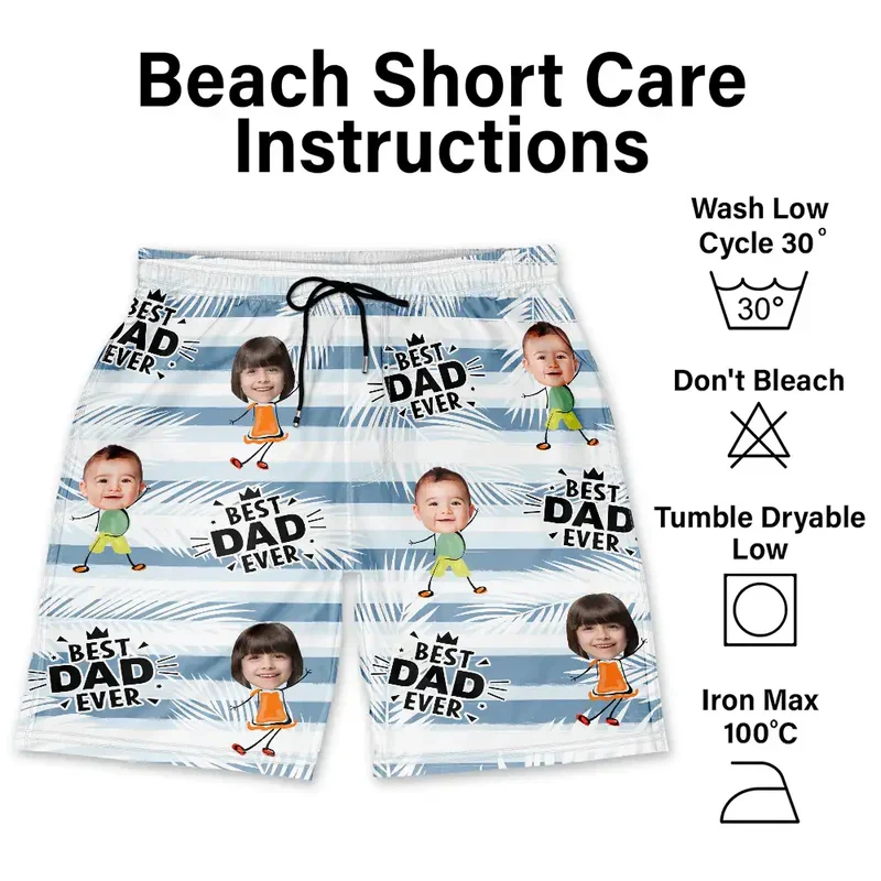 Best Dad Grandpa Ever Personalized Men's Beach Shorts, Custom Photo Gift for Dad with Playful Kid Cartoon Print - Image 6