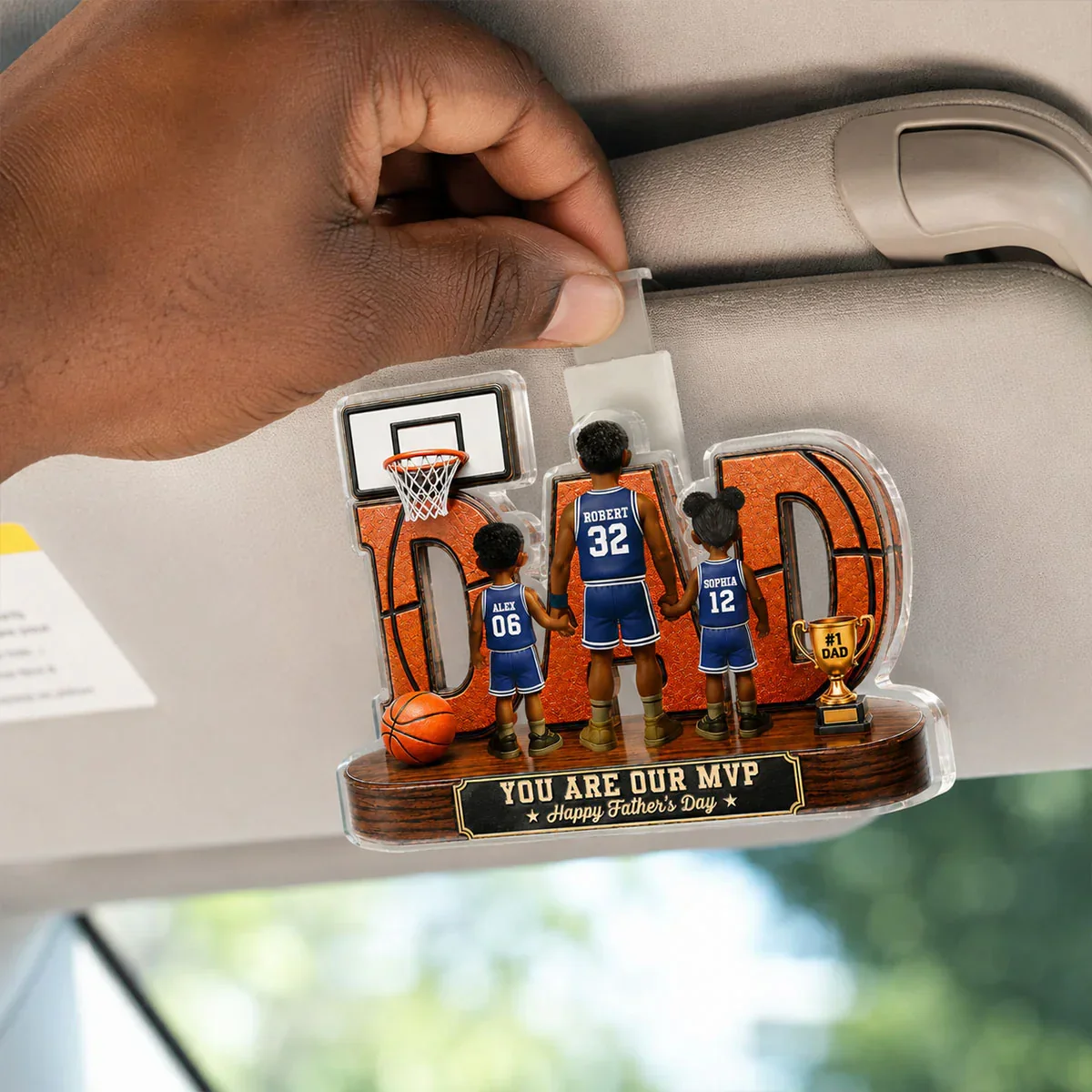 Personalized Acrylic Car Visor Clip For Dad, Basketball MVP Design, Unique Father's Day Gift - Image 6