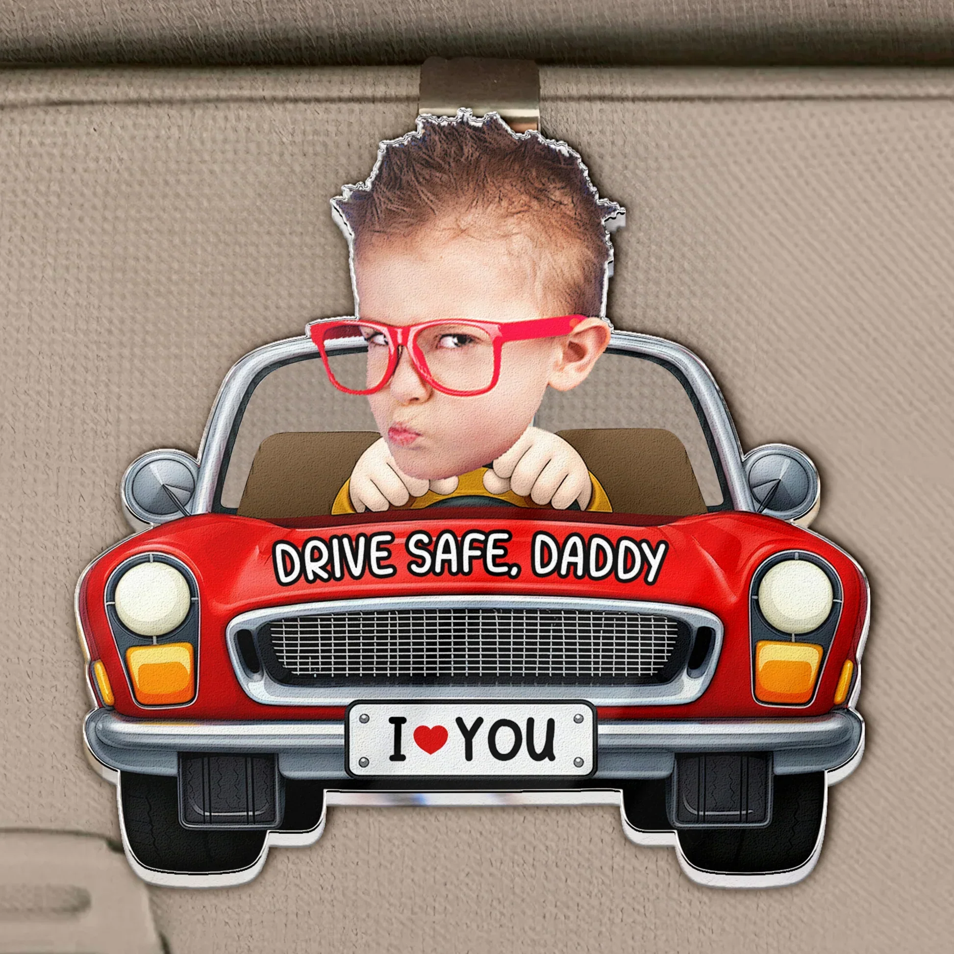 Personalized Acrylic Car Visor Clip With Cute Kid Car Art, Unique Gift For Dad To Drive Safe - Image 3