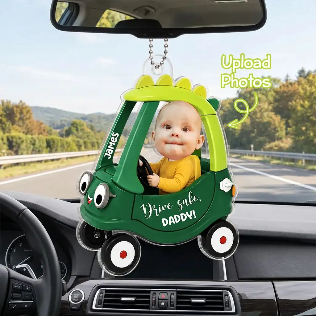 Personalized Acrylic Car Hanger With Baby Driving Green Cartoon Car, Unique Creative Gift For Dad