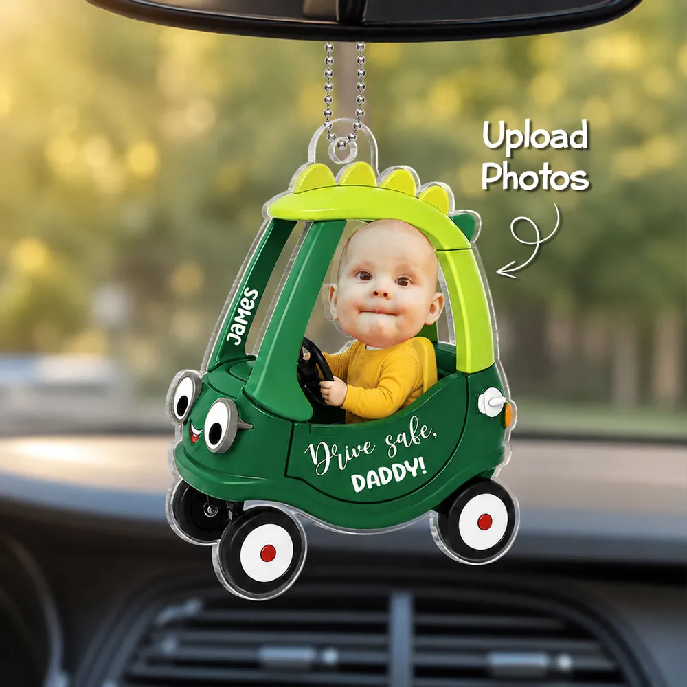 Personalized Acrylic Car Hanger With Baby Driving Green Cartoon Car, Unique Creative Gift For Dad - Image 2