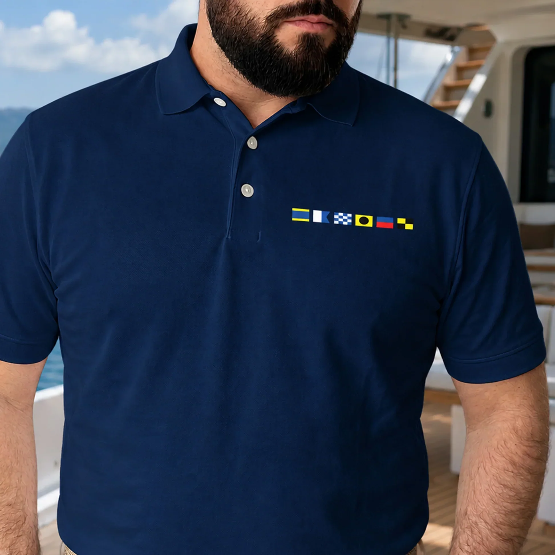 Personalized Printed Polo Shirt With Nautical Flags, Unique Gift For Boating Fans On The Boat Deck
